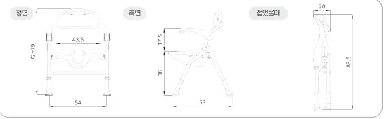 제품 사이즈 도면 — 정면, 측면, 접었을 때 (단위: cm)