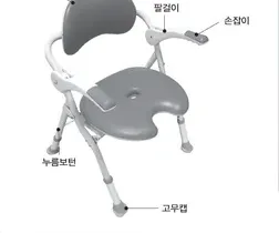 제품 구성 — 등받이, 팔걸이, 손잡이, 누름 보턴, 고무캡