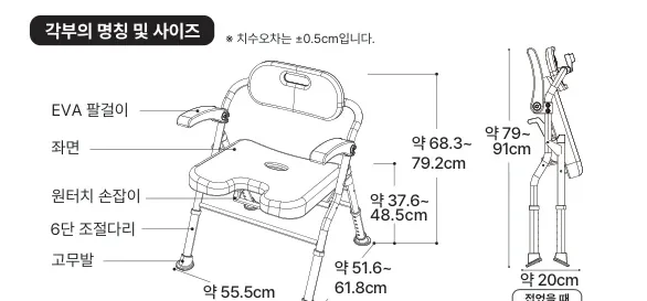 각부의 명칭 및 사이즈 — EVA 팔걸이, 좌면, 원터치 손잡이, 6단 조절다리, 고무발