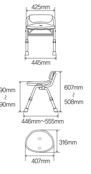 제품 치수 — 정면(425/445mm), 측면(490~390 / 607~508mm), 하부(407 / 316mm)