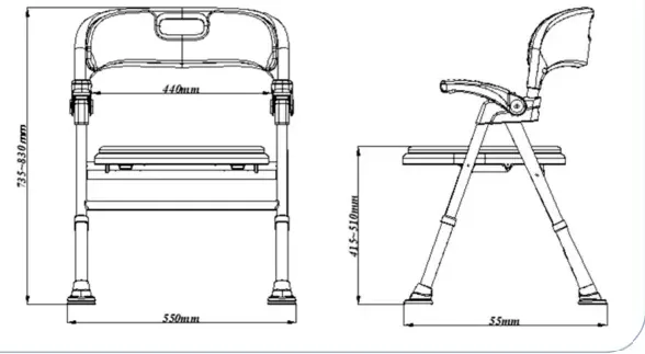 제품 규격 치수도 — 상단 폭 440mm, 하단 폭 550mm, 전체 높이 735~830mm, 좌면 높이 415~510mm