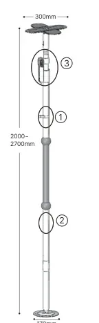 조립 구조도 — 상판 300mm, 하판 170mm, 설치범위 2000~2700mm, ①②③ 위치