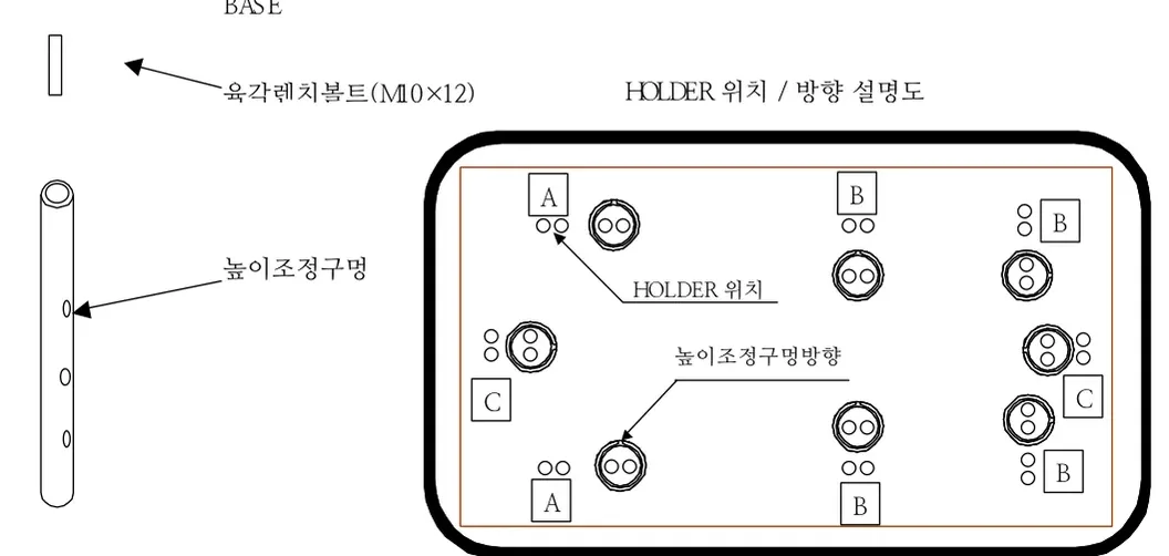 BASE·HOLDER 조립도 — 높이조정구멍이 있는 BASE와 HOLDER 위치/방향 설명도(A·B·C 위치)