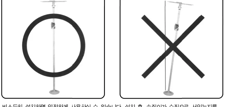 수직 설치(O) · 비스듬한 설치(X) 비교