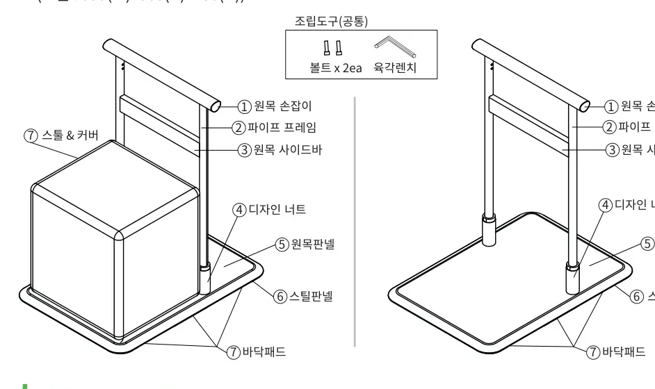 각부의 명칭 — ①원목 손잡이 ②파이프 프레임 ③원목 사이드바 ④디자인 너트 ⑤원목판넬 ⑥스틸판넬 ⑦바닥패드 · 스툴&커버, 조립도구(볼트 2ea·육각렌치)