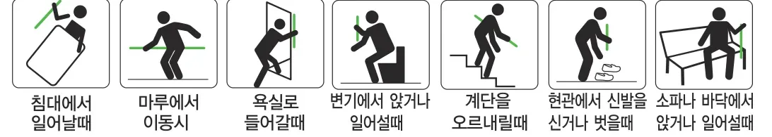 침대에서 일어날 때, 마루에서 이동 시, 욕실로 들어갈 때, 변기에서 앉거나 일어설 때, 계단을 오르내릴 때, 현관에서 신발을 신거나 벗을 때, 소파나 바닥에서 앉거나 일어설 때