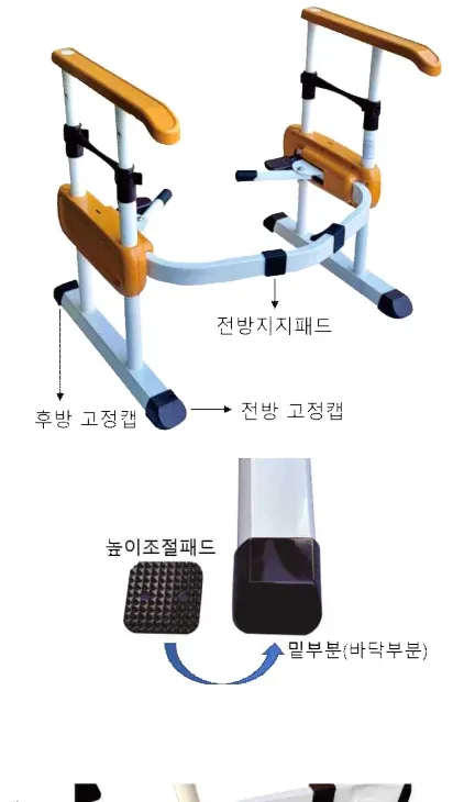변기에 본체를 끼우고 전방지지패드를 밀착시킨 뒤 밑부분에 높이조절패드를 삽입