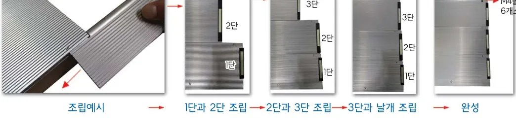 조립 순서 — 조립예시 → 1단과 2단 조립 → 2단과 3단 조립 → 3단과 날개 조립 → 완성 (M4볼트 6개소 고정)