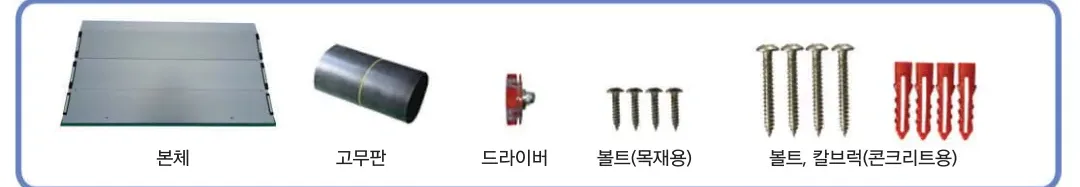 구성품 — 본체 · 고무판 · 드라이버 · 볼트(목재용) · 볼트·칼브럭(콘크리트용)