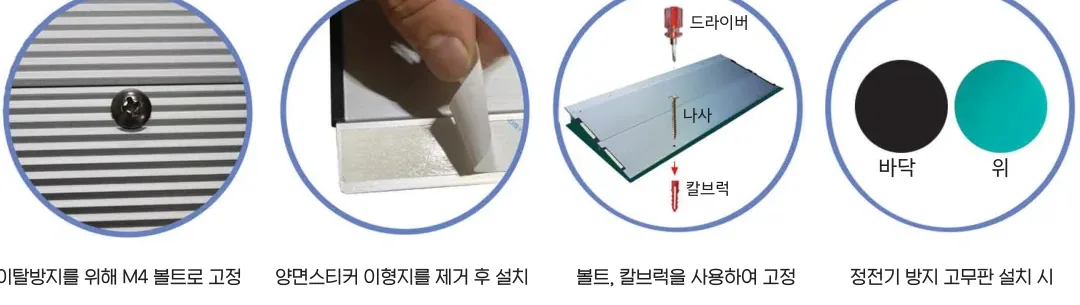 설치 — 이탈방지 M4 볼트 고정 · 양면스티커 이형지 제거 후 설치 · 볼트·칼브럭 고정 · 정전기 방지 고무판(흑색 아래·초록색 위)