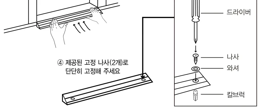 경사로를 눌러 압착 부착 후 고정 나사로 고정 — 드라이버·나사·와셔·칼브럭