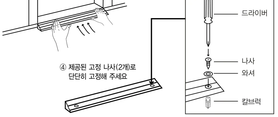경사로를 눌러 압착 부착 후 고정 나사로 고정 — 드라이버·나사·와셔·칼브럭