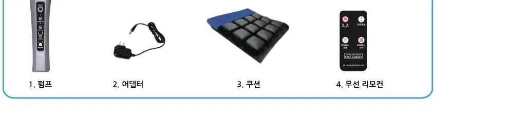 구성품 — 1. 펌프  2. 어댑터  3. 쿠션  4. 무선 리모컨