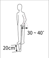 지팡이팁과 발끝 거리 20cm, 팔꿈치 각도 30~40°