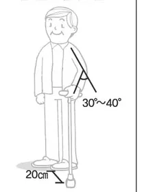 지팡이팁을 발끝 앞쪽 바깥방향 20cm, 팔꿈치 30~40° 굴곡 위치