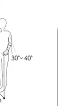 지팡이끝을 발끝 앞쪽 바깥방향 20cm에 두고 팔꿈치 30~40° 자세