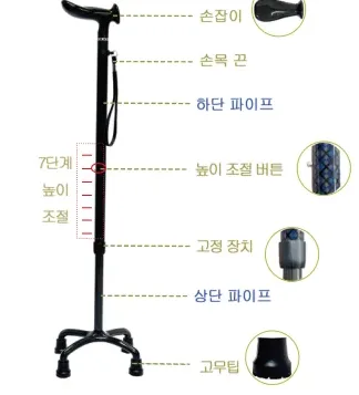 각 부의 명칭 — 손잡이, 손목 끈, 상단·하단 파이프, 높이 조절 버튼, 고정 장치, 고무팁, 7단계 높이 조절