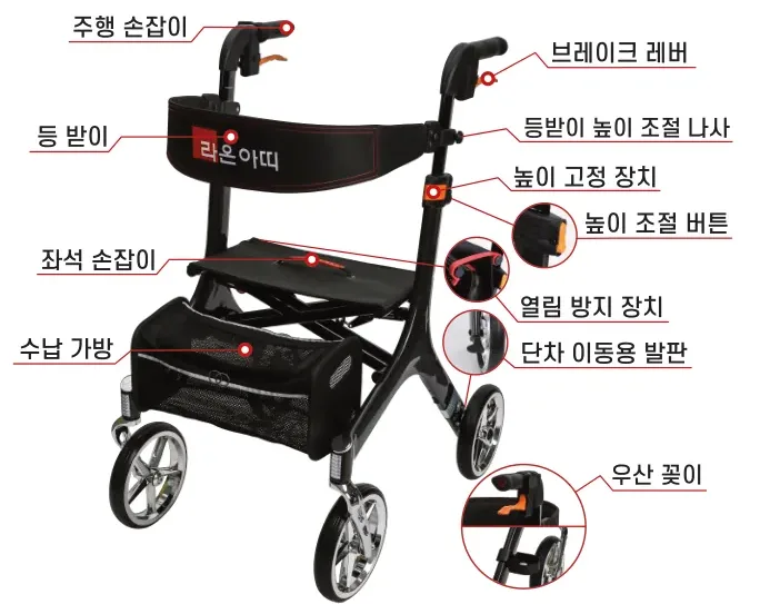 라온아띠 카본 KCS-518 각 부 명칭 — 주행 손잡이, 브레이크 레버, 등받이, 등받이 높이 조절 나사, 높이 고정 장치, 높이 조절 버튼, 좌석 손잡이, 열림 방지 장치, 수납 가방, 단차 이동용 발판, 우산 꽂이