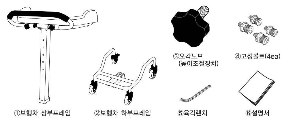 구성품 — ①상부프레임 ②하부프레임 ③오각노브 ④고정볼트(4ea) ⑤육각렌치 ⑥설명서