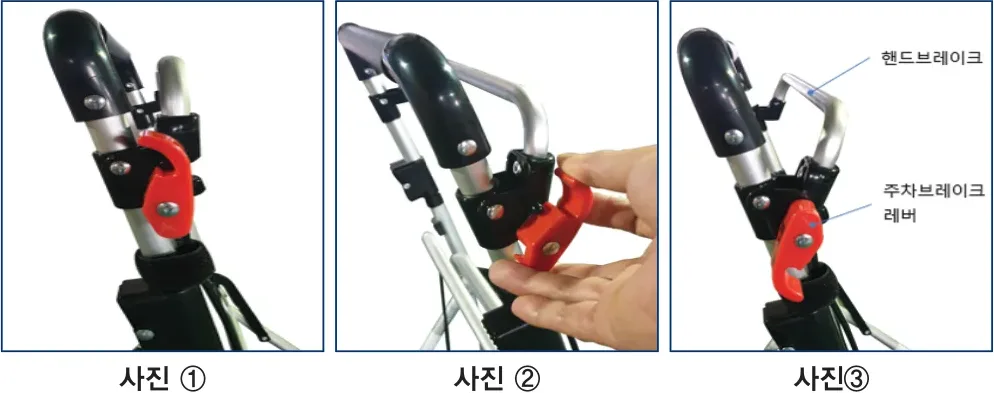 브레이크 레버 — 사진① 풀림 · 사진② 반회전 · 사진③ 완전 고정(주차)