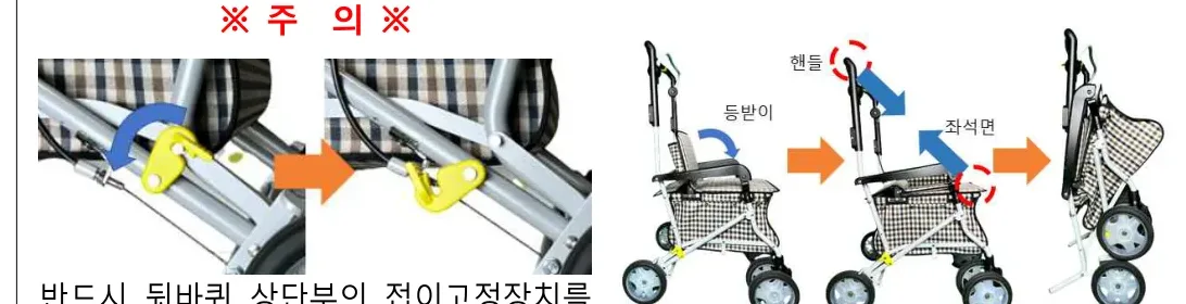 접는 방법 — 접이고정장치 풀기, 등받이 접은 뒤 접는 순서