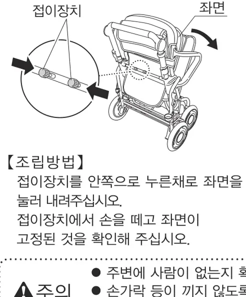 조립방법 — 접이장치를 안쪽으로 누른 채 좌면을 눌러 내림