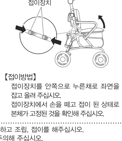 접이방법 — 접이장치를 안쪽으로 누른 채 좌면을 잡고 올림