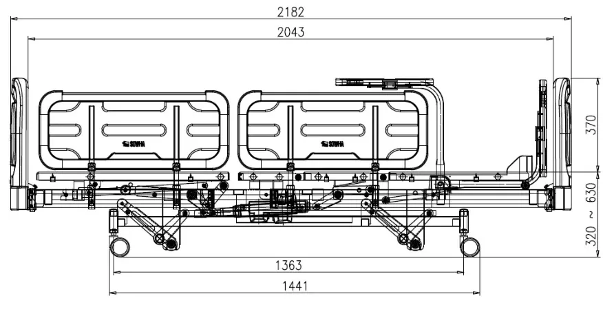 침대 측면 제원 — 전장 2182 / 2043mm, 바닥 1363 / 1441mm, 높이 370, 320~630mm