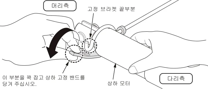 상하 고정 밴드를 화살표 방향으로 당겨 고정 브라켓 끝부분에서 분리