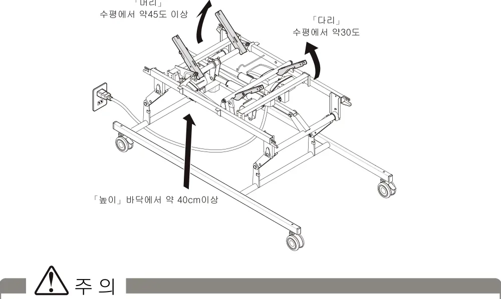 조립을 위해 머리 약45도·다리 약30도·높이 약40cm로 올린 상태