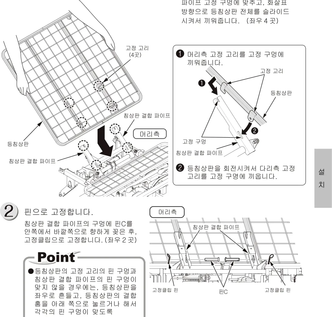 등침상판의 고정 고리를 침상판 결합 파이프 고정 구멍에 슬라이드하여 끼우고 핀C로 고정