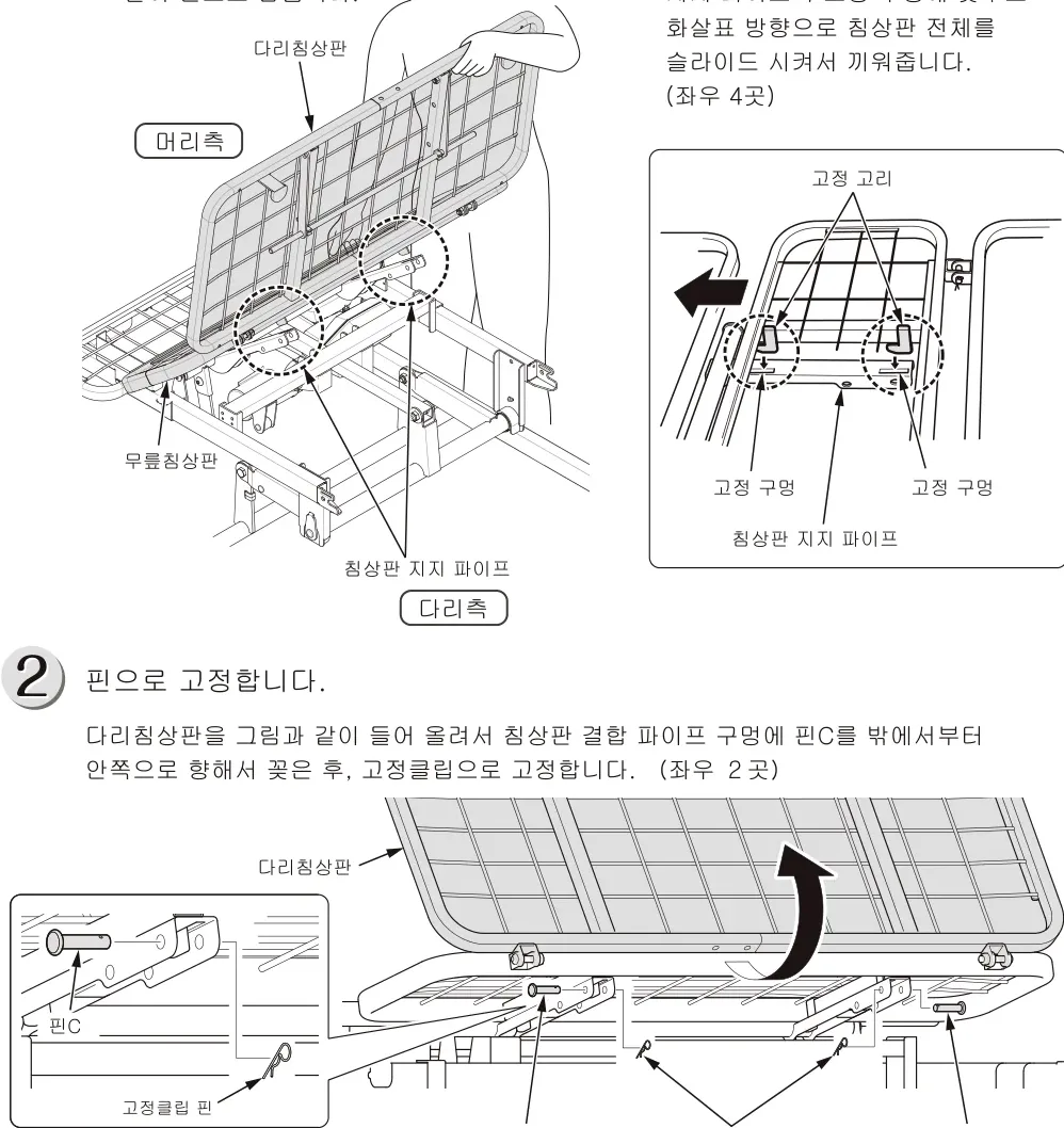 무릎침상판 고정 고리를 침상판 지지 파이프 구멍에 슬라이드하여 끼우고 다리침상판을 핀C로 고정