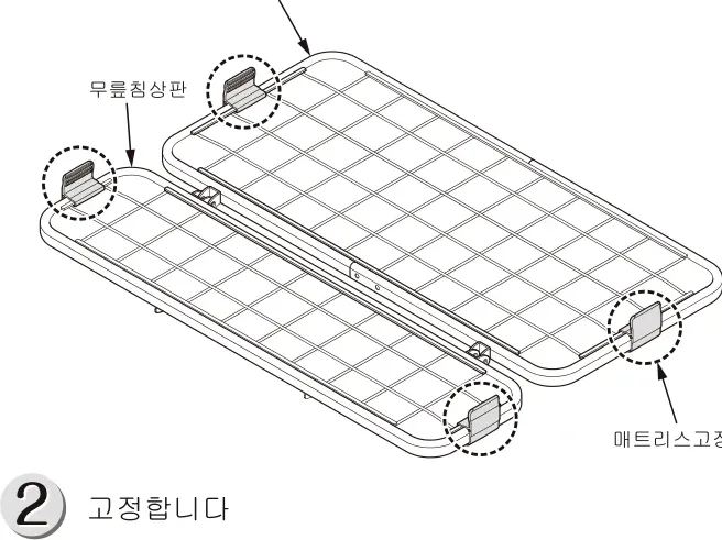 매트리스고정클립을 침상판 측면 파이프에 끼우고 회전시켜 고정