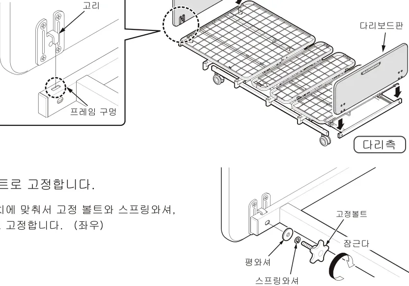 보드판의 금속 고리를 프레임 구멍에 끼우고 고정볼트로 고정