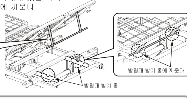 다리침상판 받침대를 받침대 받이 홈에 끼우는 방법 (사용 안 할 때 / 사용했을 때)