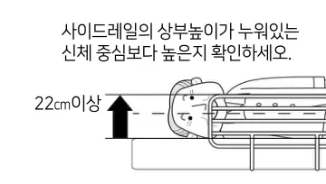 사이드레일의 상부높이가 누워있는 신체 중심보다 높은지 확인(22cm 이상)