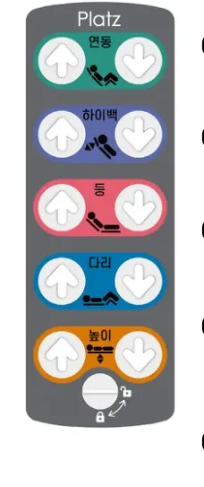 라피오라이트 리모콘(3모터 연동 하이백서포트) — 연동·하이백·등·다리·높이 버튼과 잠금키