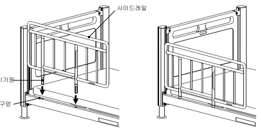 사이드레일 장착 — 꽂이기둥을 옵션 꽂이 구멍에 꽂음