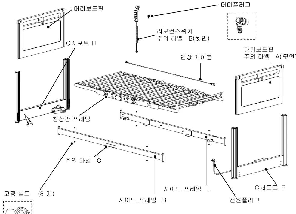 각 부분의 명칭 — 머리보드판, C서포트H, 리모컨스위치(주의라벨B), 더미플러그, 연장 케이블, 다리보드판(주의라벨A), 침상판 프레임, 주의라벨C, 고정 볼트(8개), 사이드 프레임 L·R, C서포트F, 전원플러그