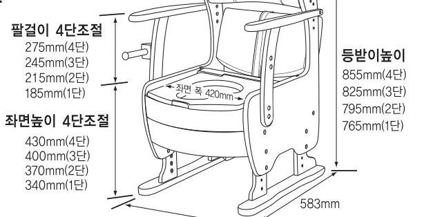 치수 도면 — 팔걸이 4단조절 185/215/245/275mm, 좌면높이 4단조절 340/370/400/430mm, 등받이높이 765/795/825/855mm, 좌면 폭 420mm, 508mm, 583mm