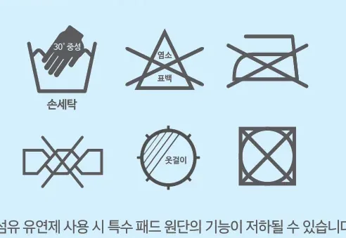세탁 기호 — 30° 중성 손세탁, 염소 표백 금지, 옷걸이 건조, 건조기·다리미 금지